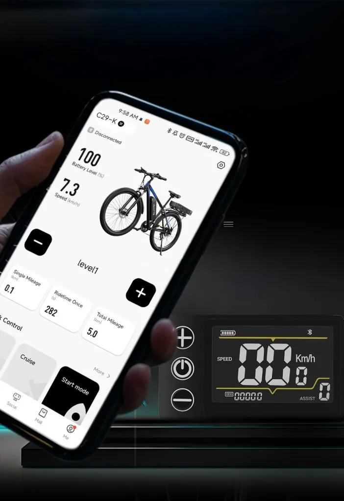 Mobilní aplikace DUOTTS a LCD displej pro sledování rychlosti a baterie